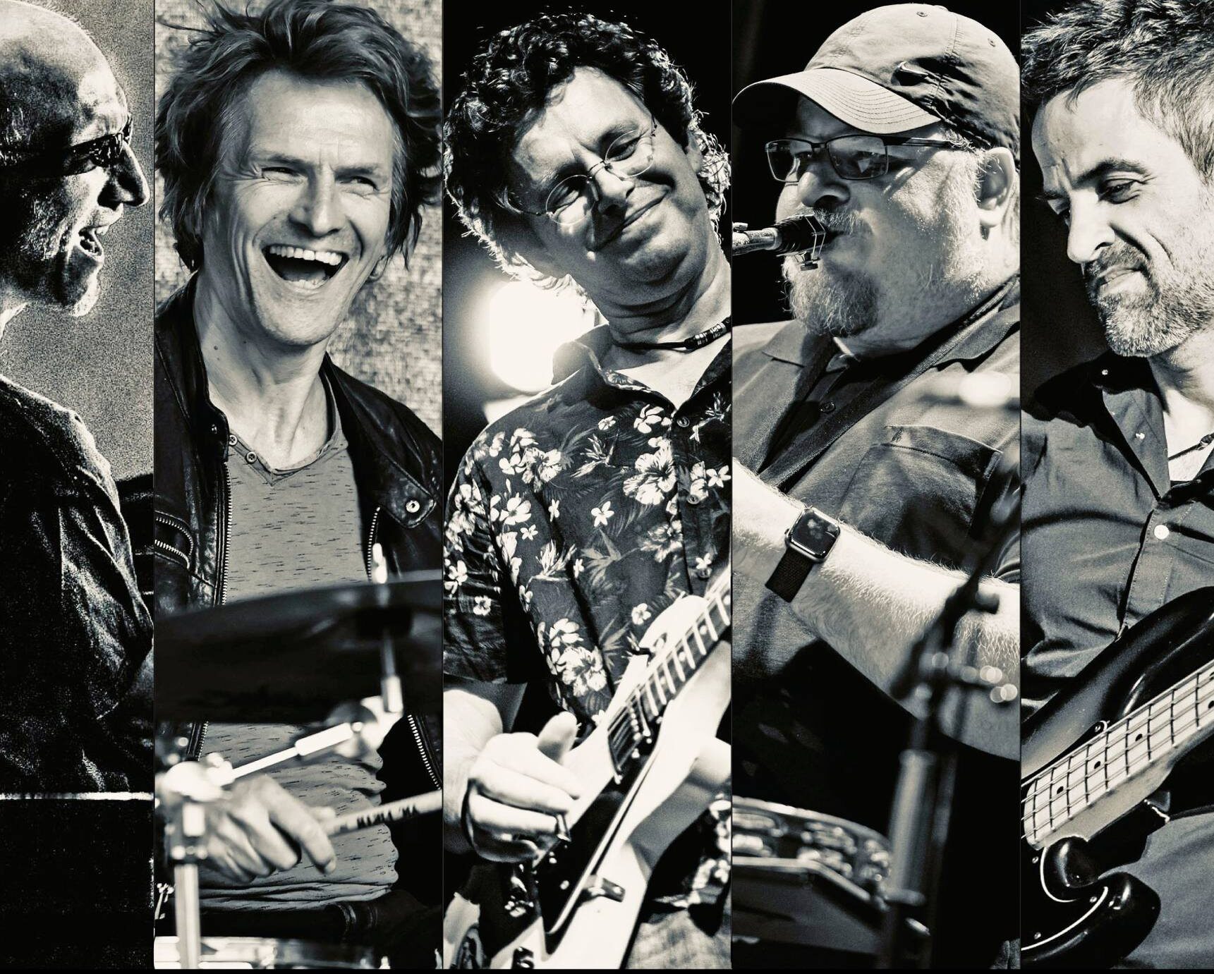 Big Bayou Bandfoto. V.l.n.r.: Christoph Kögler, Florian Tuchacek, Alex Gantz, Jürgen Mitterlehner, Kiko Perez. Fotomontage.